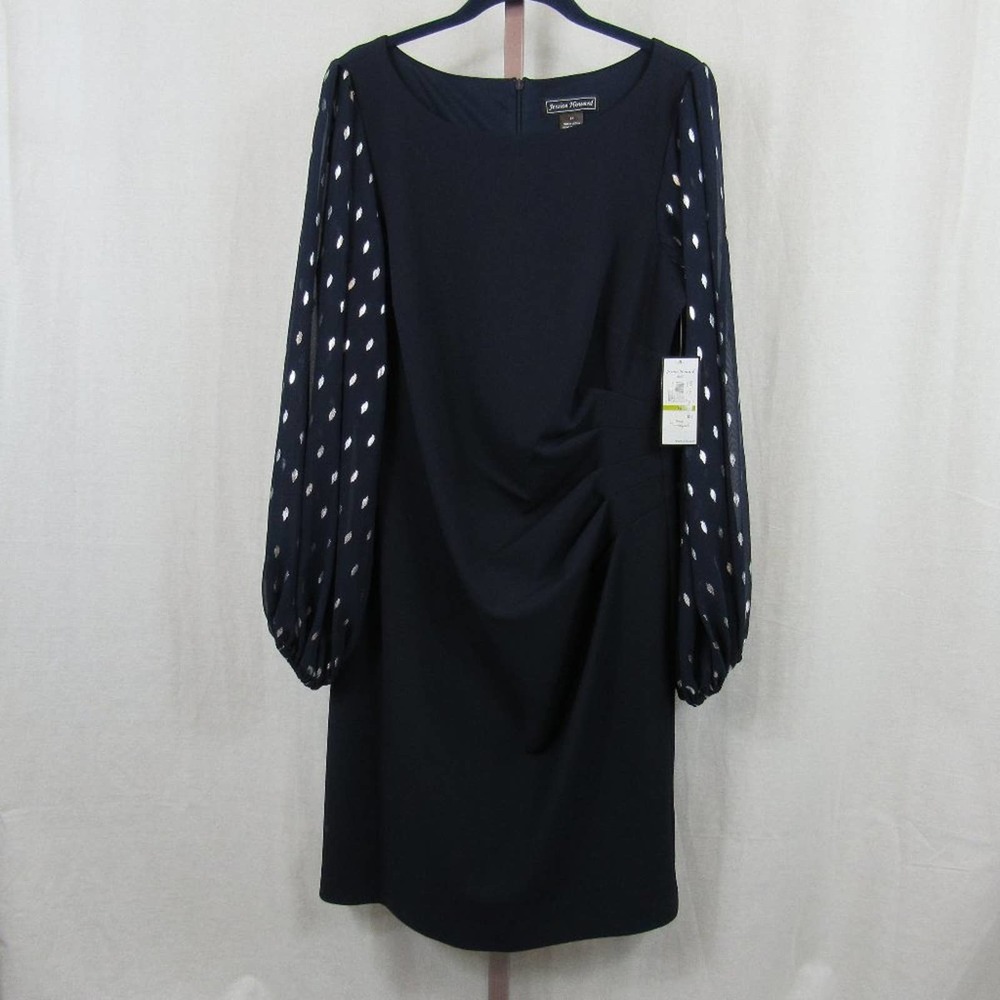 NWT Jessica Howard Women's Chiffon-Sleeve Sheath Dress Gathered Waist Navy White